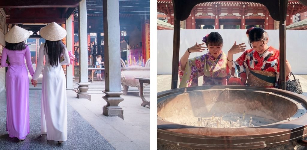 In Vietnam, it is used to honour the ancestors and maintains harmony within the home.
In Japan, the gesture becomes more personal. In temple courtyards, visitors draw incense smoke gently toward themselves, over their hands and face, as it is believed to cleanse, restore, and heal.