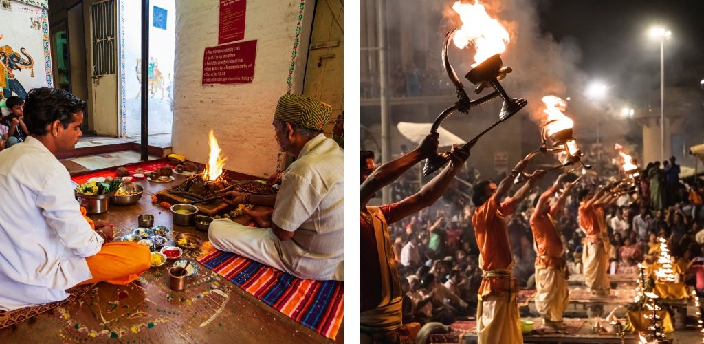 Elsewhere, sacred fire rituals of havan and the evening ritual of Ganga Aarti carry prayers through flame and smoke, purifying both space and spirit.
In Nepal, this relationship with fire continues in a daily puja, where offerings are made to small, steady flames, an intimate act of devotion that quietly renews the home and the self.