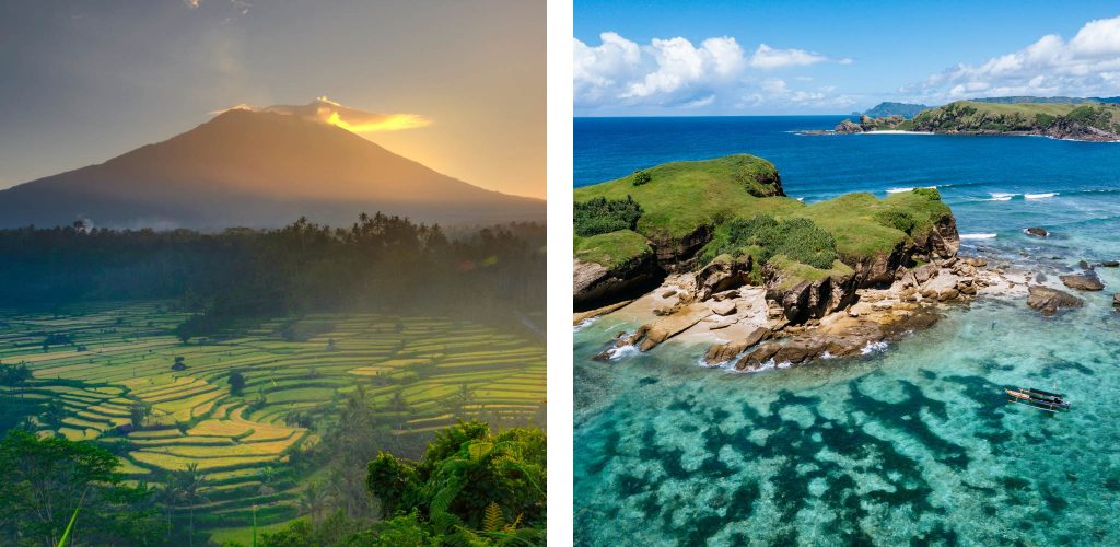 Sunrise over Bali’s emerald rice terraces and volcanic landscapes beside the turquoise coastlines and rugged island scenery of Lombok — a journey through Indonesia’s timeless natural beauty with Secret Retreats.