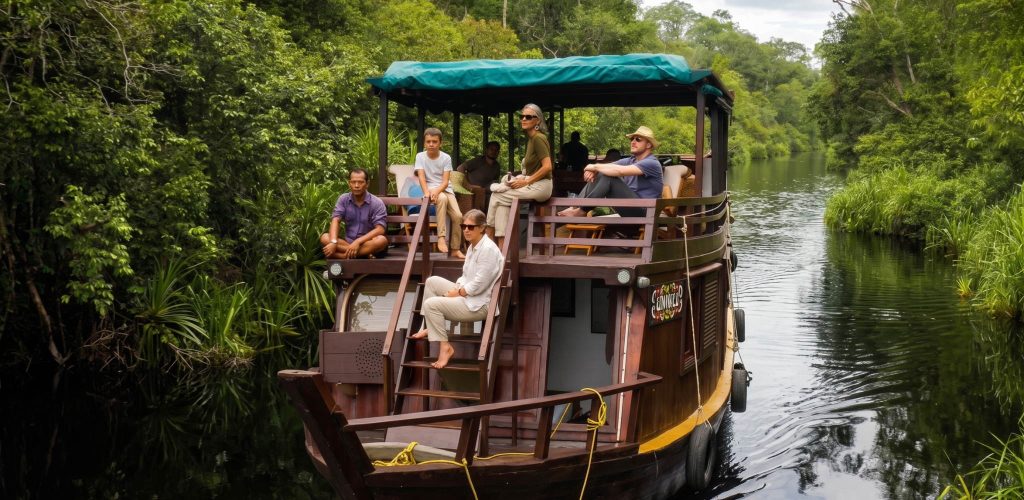 Travelers relaxing on the deck of a traditional luxury wooden riverboat cruising down a calm river flanked by dense tropical rainforest in Borneo, promoting boutique wildlife cruises and slow travel experiences.