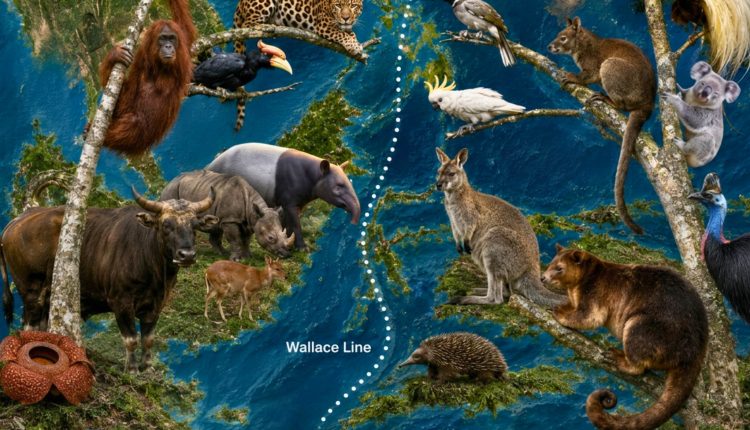 An illustrated wildlife map of Indonesia’s Wallace Line biogeographical boundary, dividing Asian fauna like orangutans, rhinos, and leopards on the left from Australasian wildlife like kangaroos, koalas, and cassowaries on the right, promoting luxury wildlife cruises and eco-expeditions.