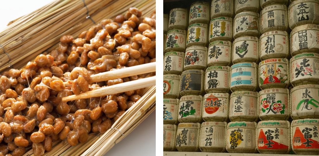 Japan's traditional fermented food. Natto, soy bean and sake.