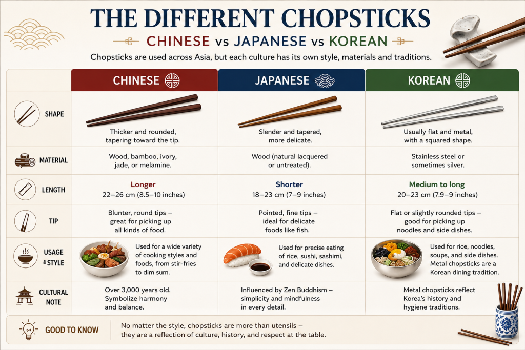 Infographic comparing Chinese, Japanese, and Korean chopsticks, highlighting traditional materials, shapes, lengths, and Asian culinary customs.