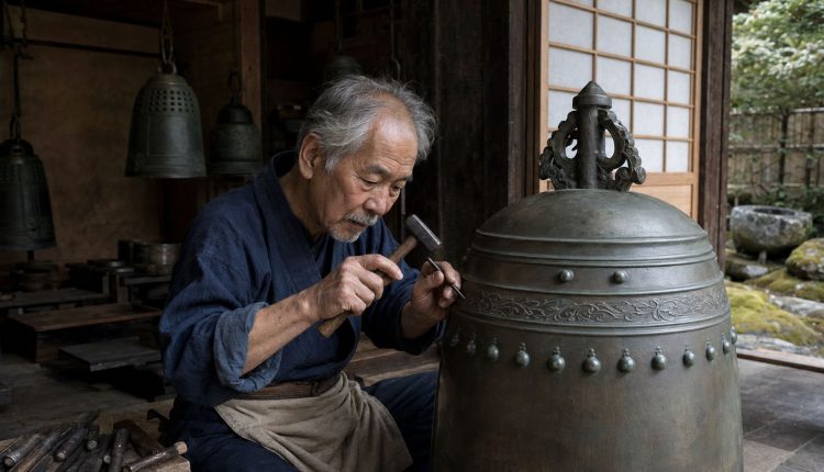 An elderly Japanese craftsman using a small hammer and chisel to carve intricate patterns into a large bronze temple bell.