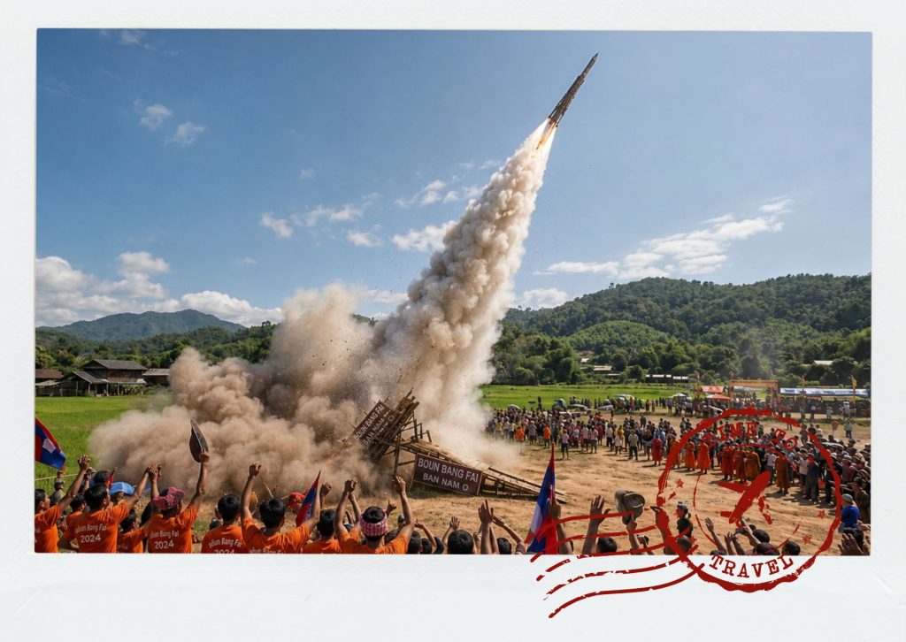 Homemade rockets launched during the Boun Bang Fai Rocket Festival in Laos before the rainy season