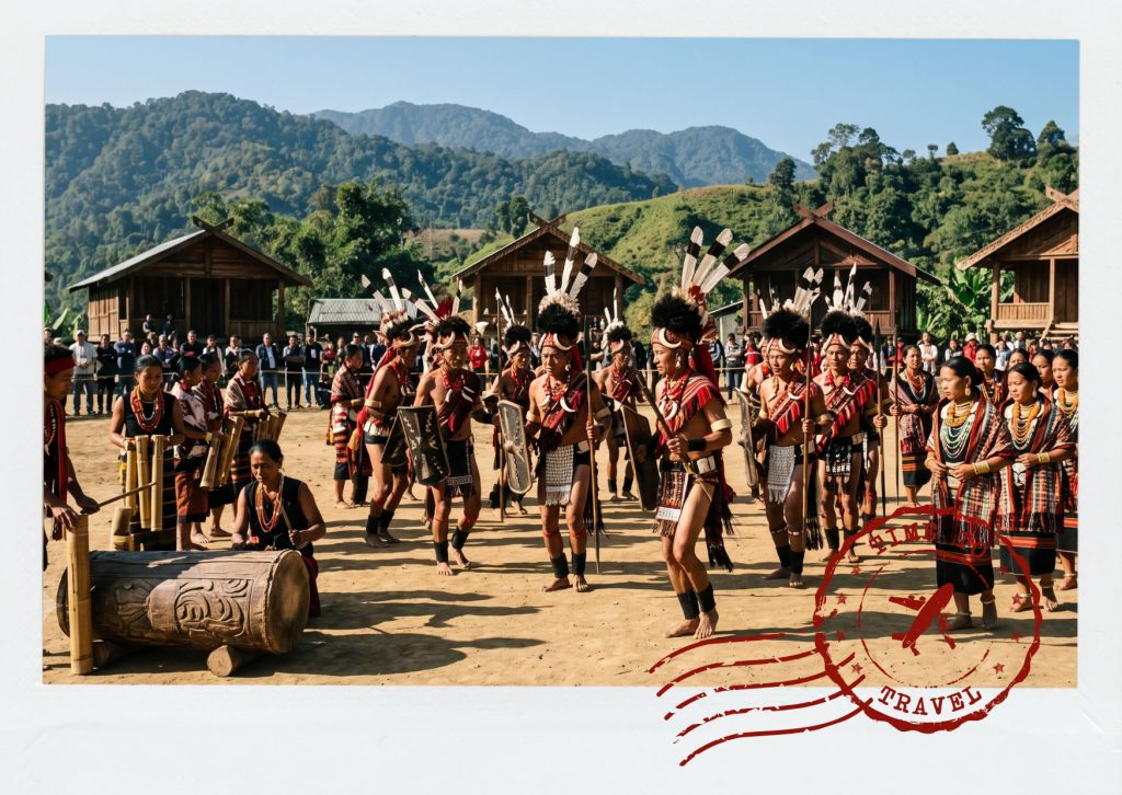 Naga tribal dancers performing traditional dances at the Hornbill Festival in Nagaland India
