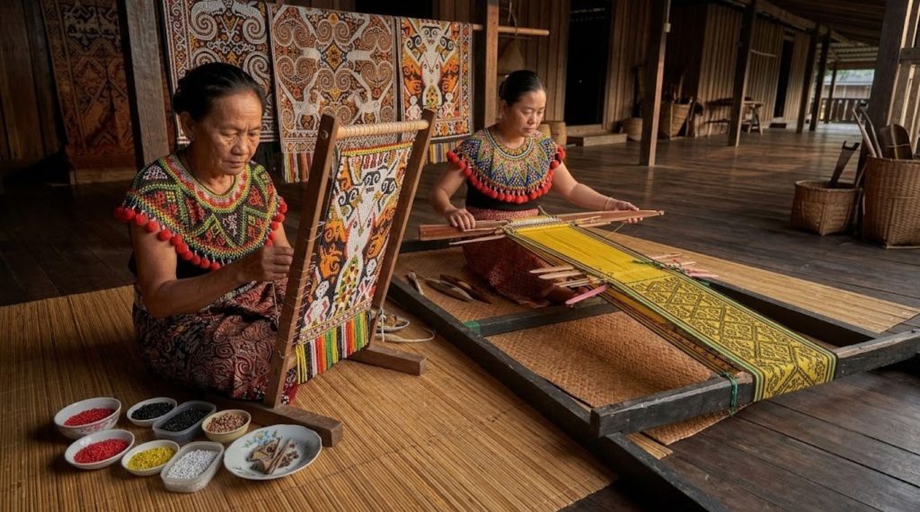 Two indigenous women sitting on a wooden floor, hand-weaving intricate traditional colorful textiles on traditional looms.