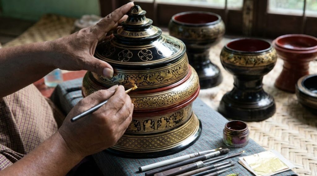 Close-up of an artisan using a fine brush to apply gold leaf and intricate painted details onto a black and red lacquerware vessel.