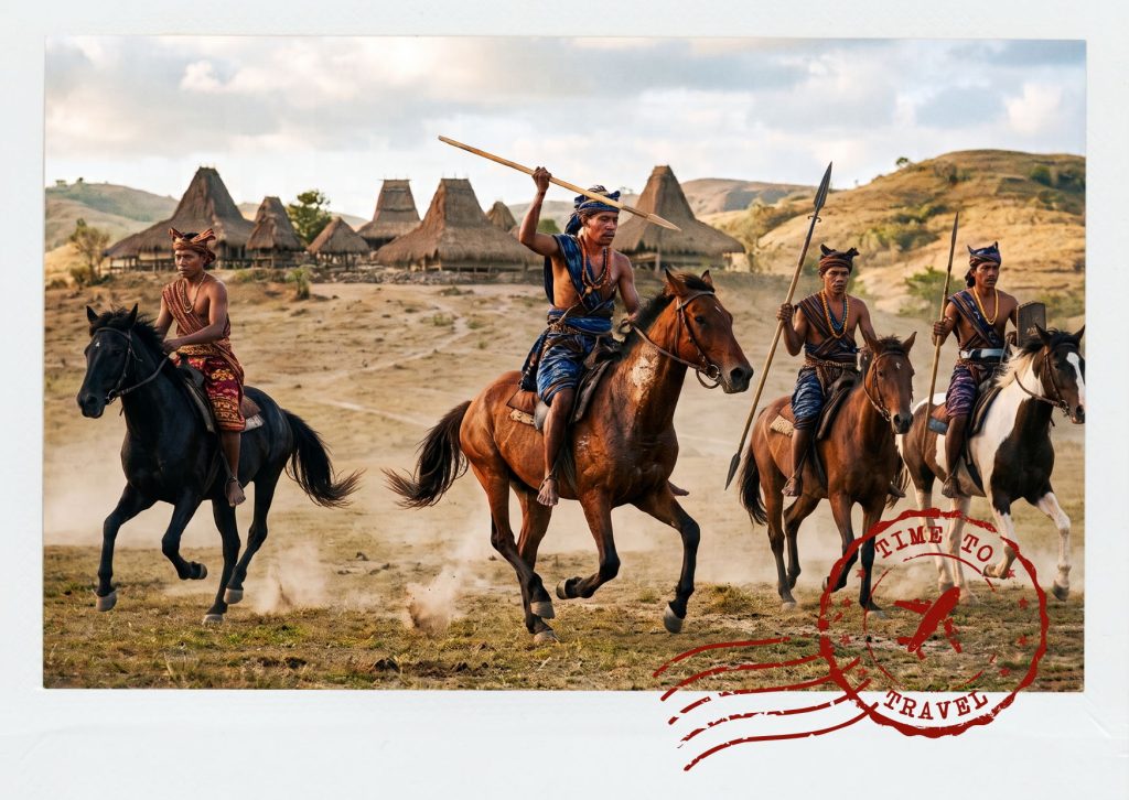 Sumba horsemen competing in the traditional Pasola Festival on horseback in Indonesia