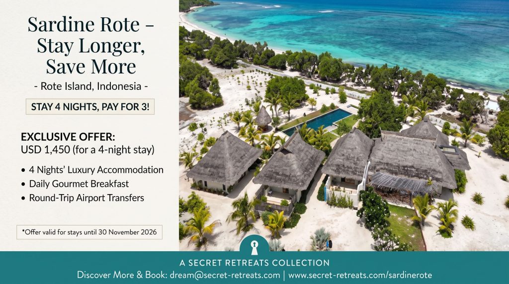 Aerial view promotional banner for Sardine Rote resort on Rote Island, Indonesia, featuring beachfront thatched-roof villas, a swimming pool, and pristine turquoise water.