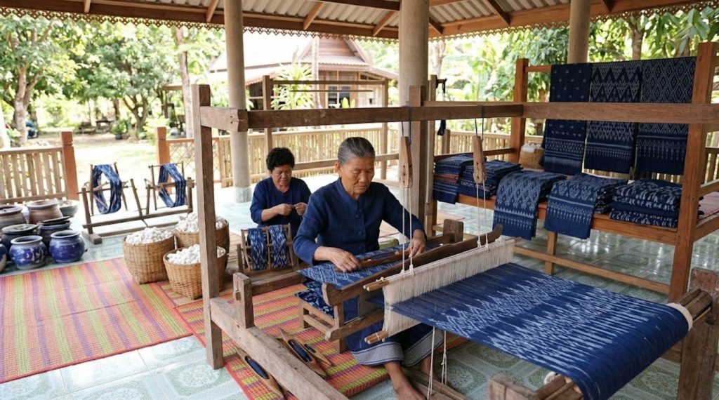 Thai craftswomen handweaving traditional indigo-dyed Thai silk fabric on a wooden loom in a rural village workshop.