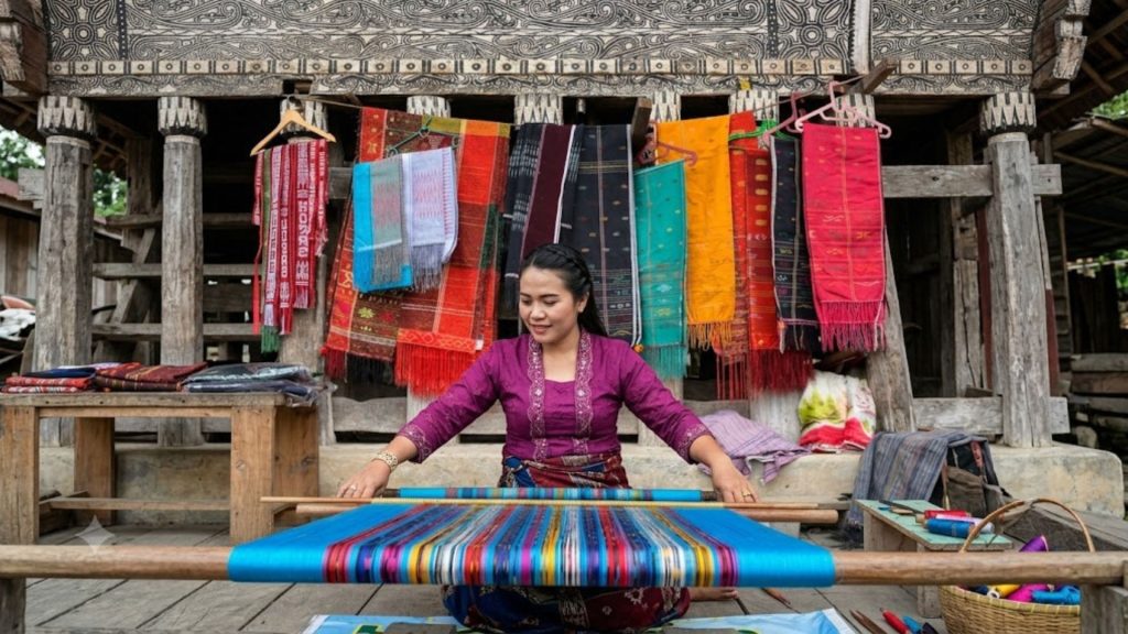 A woman sitting on a wooden porch weaving colorful textiles on a traditional loom, framed by brightly pattern-woven fabrics hanging behind her.