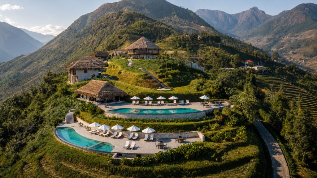 Tiered infinity swimming pools and stone bungalows perched on a green mountain ridge in Sapa Vietnam