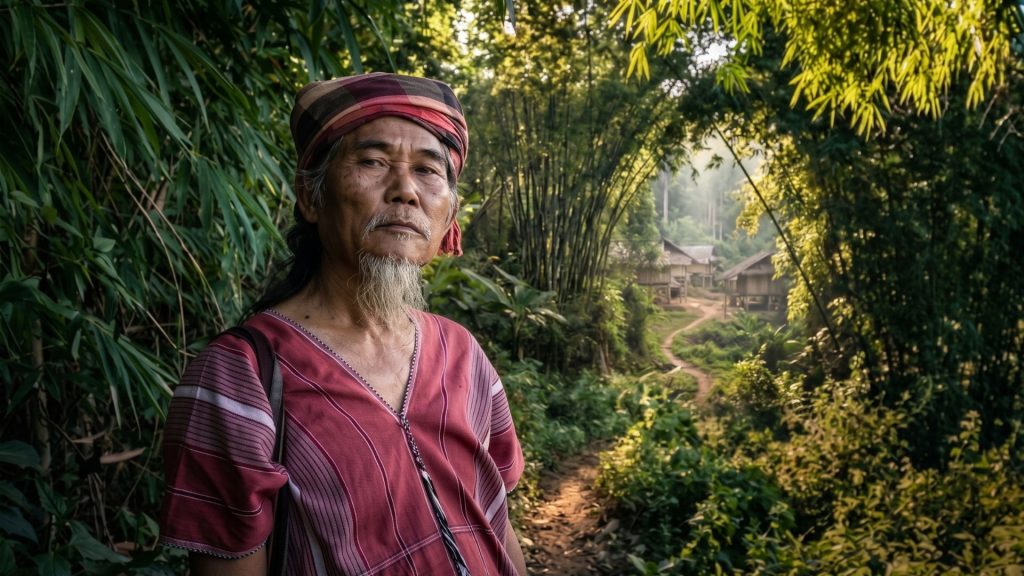 Karen hill tribe elder in traditional handwoven tunic standing on a forest path near a remote village