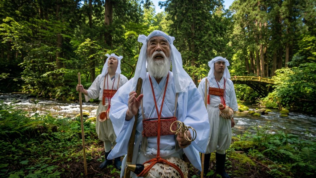 Yamabushi ascetics wearing traditional white shiroshouzoku robes on a spiritual pilgrimage through Dewa Sanzan cedar forest