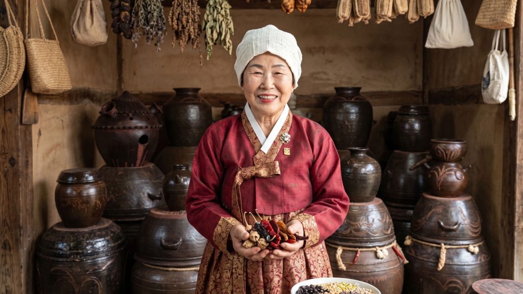 Korean culinary master in traditional hanbok holding dried ingredients surrounded by artisanal onggi fermentation jars