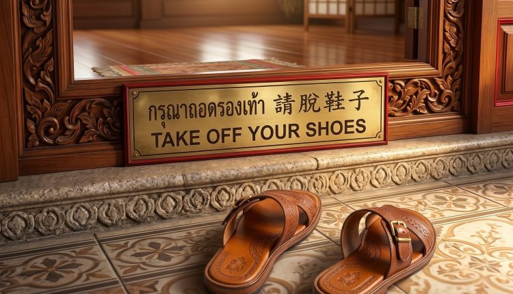 Leaving the shoes off outside the temple in Asia